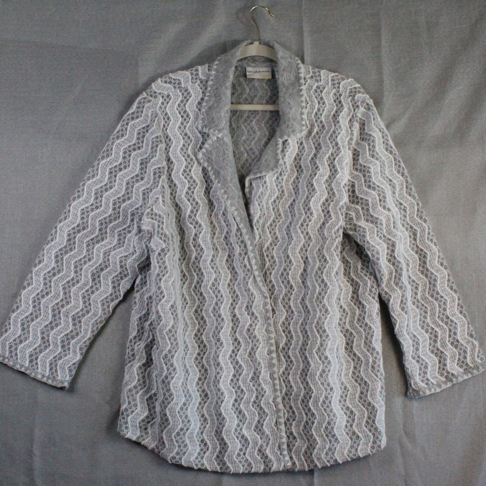 Alfred Dunner Cardigan 20W Grey White Lace Wavy Coastal Grandma Sweater
